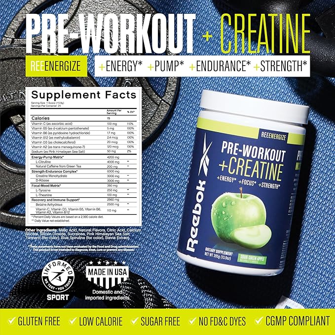 Reebok REEenergize &amp REEcover Bundle | Pre-Workout + BCAA Performance Pack | Sour Green Apple &amp Rocket Moon Pop | Complete Training System