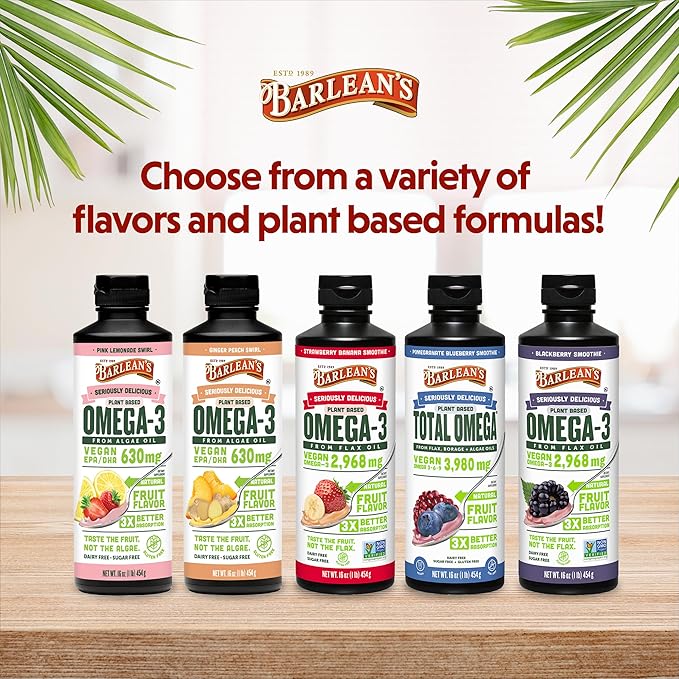 Barlean's Pink Lemonade Vegan Omega 3 Supplement Liquid Algae Oil with 630 mg EPA &amp DHA Plant Based Omegas from Algal Oil Non-GMO &amp Gluten Free 16 oz