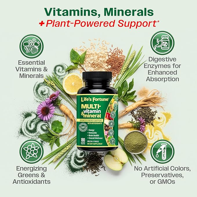 Life's Fortune Whole Food Multivitamin &amp Mineral Supplement for Men &amp Women – Energy Support Vitamins for Immune Brain &amp Metabolism Support – Iron Free Vegetarian Tablets 180 Count (2 P