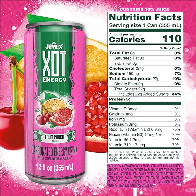 Jumex XOT Energy Drink - Fruit Punch - Natural Caffeine from Mexican Coffee Beans - Carbonated Preworkout with Vitamin B2 B3 B5 B12 - Mexican Drinks - Bebidas Energéticas - 12 Fl oz 12 Pack Cans