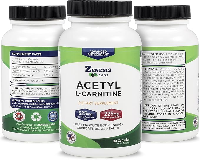 Zenesis Labs Acetyl L-Carnitine with Alpha Lipoic Acid Bulk 3-Bottle 270 Capsule Supply (90 Capsules/Bottle)
