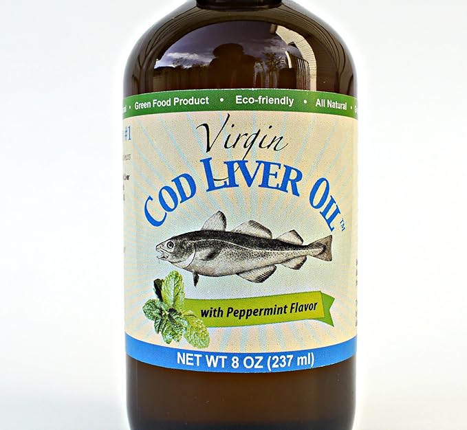 Virgin Cod Liver Oil - 8 Fl oz Natural Wild Caught &amp Fresh Tasting.High in Vitamin D Omega 3 DHA/EPA (Peppermint Flavored)
