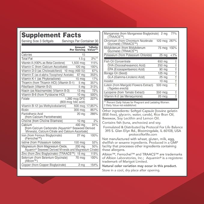 PROTOCOL FOR LIFE BALANCE Pre-Natal Multivitamin with DHA - 250 mg DHA - for Pregnancy &amp Lactation Support* - with DHA Calcium Copper B12 &amp Vitamin C - Halal &amp Dairy Free - 90 Softgels