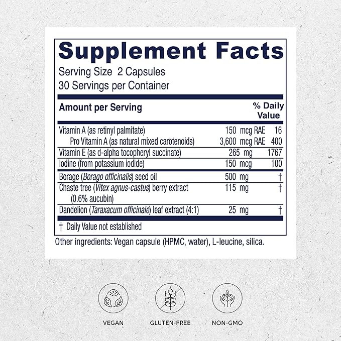 Vitanica Breast Cycle Blend Breast Cycle Support Iodine Borage Seed Oil Chaste Tree Berry (Vitex) Dandelion Vegan/Vegetarian 60 Capsules