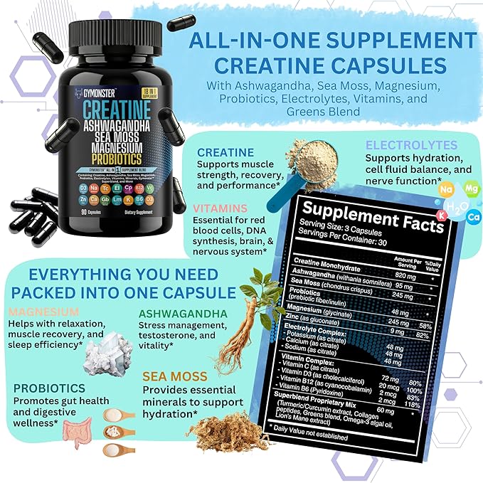 Creatine All in One Supplement Capsules – Ashwagandha – Sea Moss – Magnesium – Probiotics
