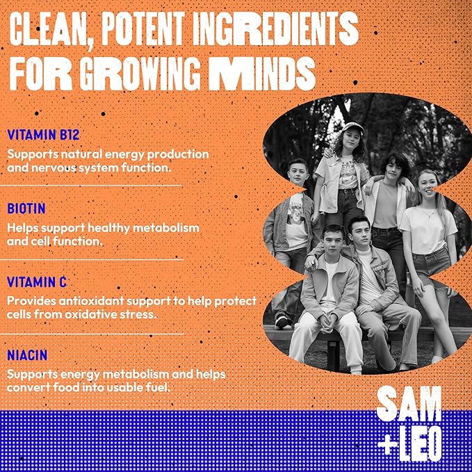 SAM+LEO Vitamin B Complex Gummies with Biotin for Kids &amp Teens - Caffeine-Free Focus &amp Energy Support Supplement Gummies | Vegan &amp Gluten Free Supplement - Strawberry Flavor (60 Count)