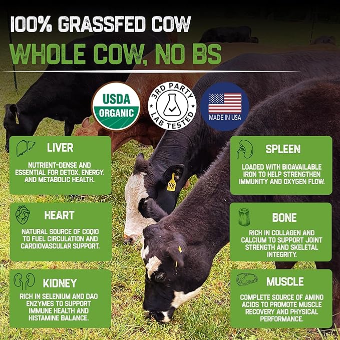 Grassfat Farm - USDA Certified Organic 100% Grassfed Beef Organ Supplements - Whole Cow with Nothing Added - Beef Liver Kidney Lungs Heart Bone &amp Muscle - NO Uterus or Fallopian - 30-Day Suppl