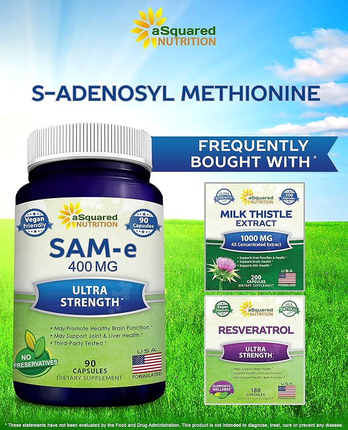 aSquared Nutrition SAM-e 400mg Supplement - 90 Capsules - Same (S-Adenosyl Methionine) to Support Mood Joint Health and Brain Function - Extra Strength Vegan SAM e Pills