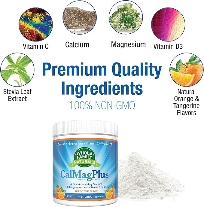 Calcium Magnesium Powder Supplement - CalMag Plus with Vitamin C &amp D3 - Gluten Free Non GMO Orange Tangerine Flavor - Cal Mag Drink - Calcium Supplement with Magnesium for Natural Calm