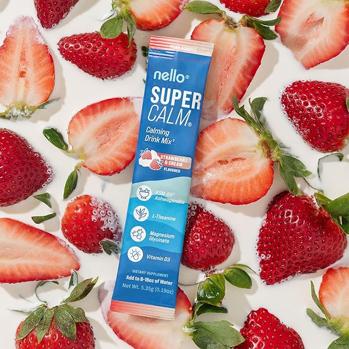 Nello Supercalm Powdered Drink Mix Cortisol Reducer* Sleep Aid Supplement L Theanine Ksm-66 Ashwagandha Magnesium Glycinate Vitamin D 3 No Sugar Non GMO 20 Ct Strawberries &amp Cream