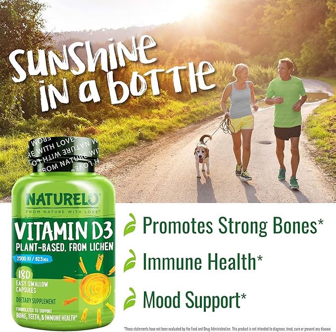 NATURELO Vitamin D - 2500 IU - Plant Based from Lichen - Natural D3 Supplement for Immune System Bone Support Joint Health - Vegan - Non-GMO - Gluten Free - 180 Capsules