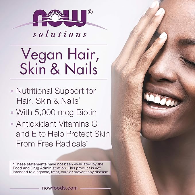 NOW Foods Solutions Vegan Hair Skin &amp Nails Nutritional Support with 5000 mcg Biotin 90 Veg Capsules
