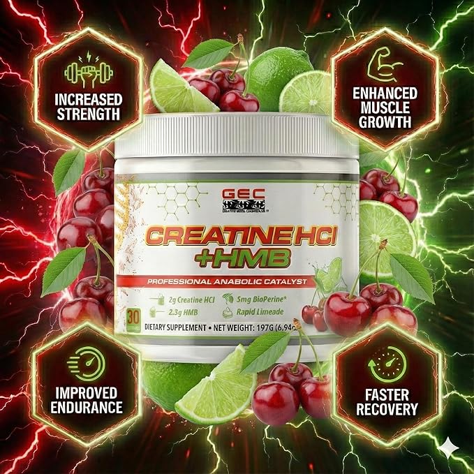 Creatine HCl + HMB for Athletes – Performance &amp Recovery Formula – 2g Creatine HCl 2.5g HMB – Fast Absorption No Bloat No Loading – 30 Servings – GEC (Standard Cherry Limeade)