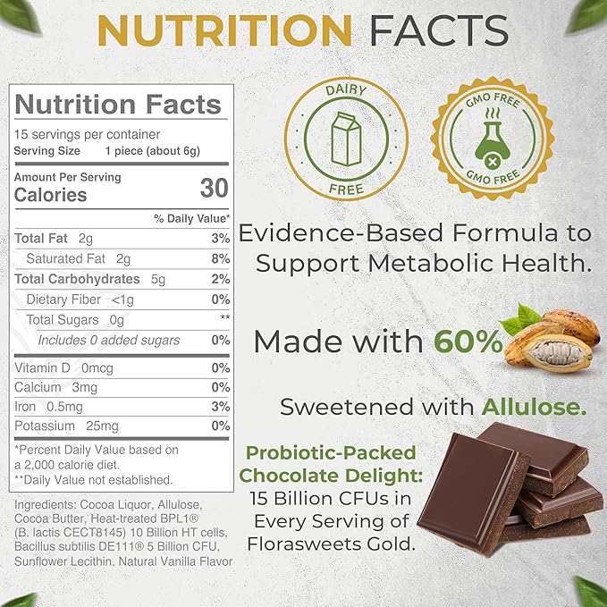 Florasweets Gold Chocolate Bites with Probiotic + Postbiotic Stains DE111 &amp BPL1 - Indivally Wrapped - Supports Digestive &amp Gut Health Bacillus subtilis (1)