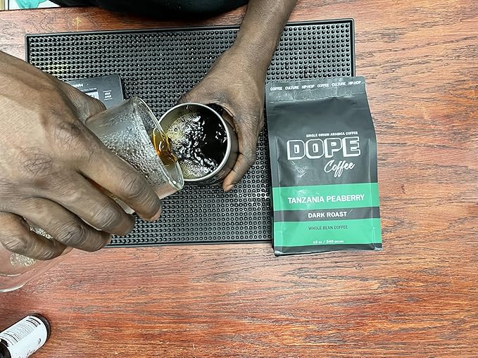 Dope Coffee Ground Tanzania Peaberry Dark Roast Rainforest Alliance 100% Arabica Coffee 12oz