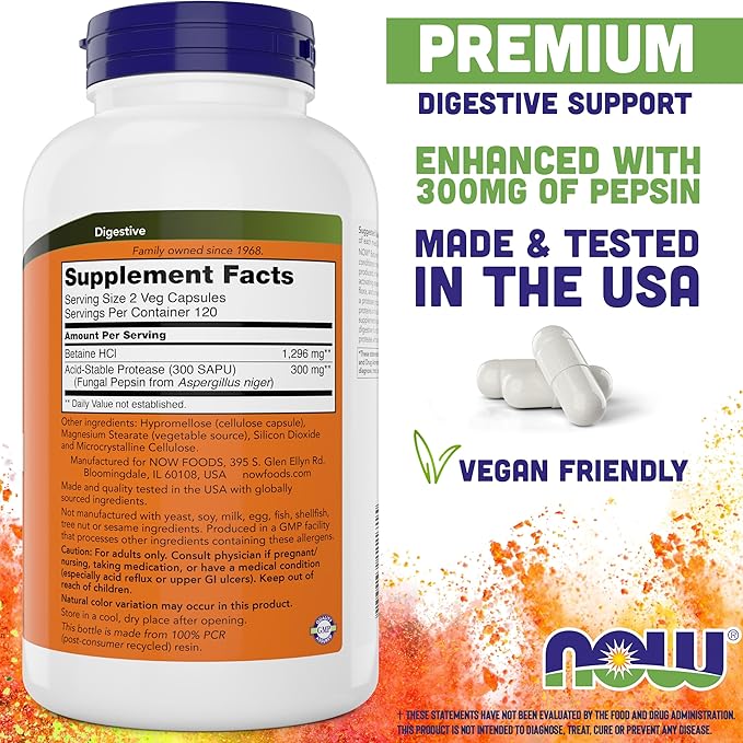 Now Betaine HCl 648mg 240 Veg Capsules (Pack of 2) - Digestive Enzymes Supplement - Enhanced with Pepsin Protease for Protein Digestion Support