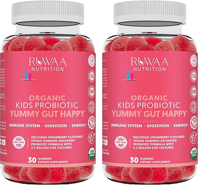 RUWAA NUTRITION Probiotic Gummies. Organic Kids Probiotic Chewable for Digestive Health &amp Immunity. Kids Pre &amp Probiotics Vitamins. No Allergens Gluten-Free Non-GMO Probiotic for Children 6