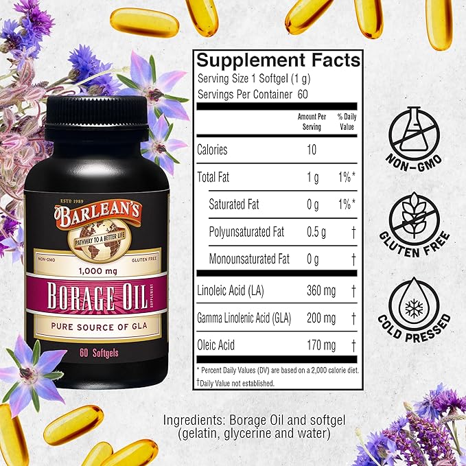 Barlean's Borage Oil Supplements Cold Pressed Pure Borage Seed Oil Supplement Softgels for Men and Women 1000 mg GLA Fatty Acids 60 Count