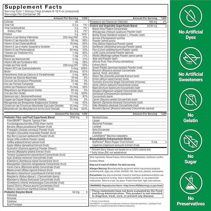 Force Factor Smarter Greens Superfoods Powder to Support Digestion and Bloating Immunity and Energy Greens Powder with Probiotics Digestive Enzymes Antioxidants and Fiber 30 Servings