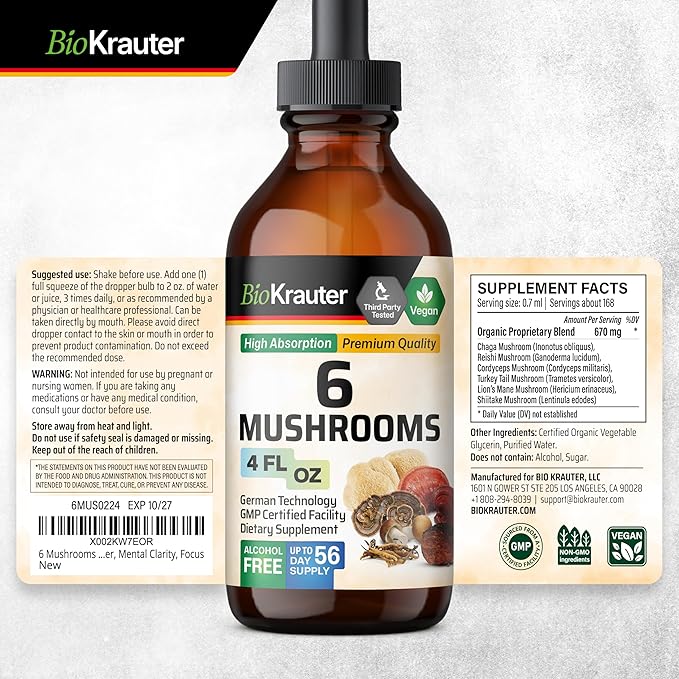BIO KRAUTER® 6-in-1 Mushroom Complex with Lion’s Mane Chaga Reishi Cordyceps Turkey Tail &amp Shiitake - Vegan Mushroom Supplement for Immune Support - Natural Focus &amp Brain Support 4 Fl. Oz.