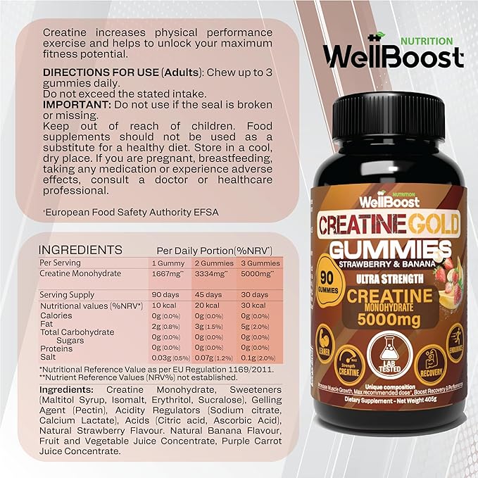 WellBoost Creatine Gold – 5000mg Creatine Monohydrate Vegan Sugar-Free Gummies for Lean Muscle Growth Endurance Recovery &amp Energy (1 Month Supply) in Starwberry and Banana Flavour.