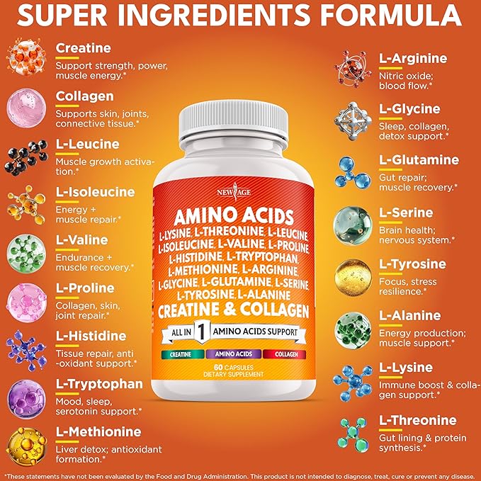 NEW AGE Amino Acids Supplement L-Lysine L-Threonine L-Leucine Isoleucine Valine L-Histidine L-Tryptophan L-Methionine L-Arginine L-Cysteine L-Glutamine L-Serine Aspartic Acid- 180 Count