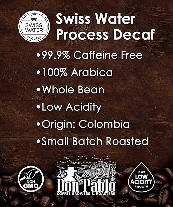 Don Pablo Colombian Decaf - Swiss Water Process Decaffeinated - Light Roast Gourmet Coffee - 100% Arabica Whole Bean Non-GMO Low Acidity 907g (2LB) Bag