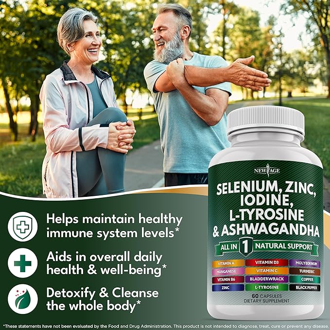 Selenium Zinc Iodine L Tyrosine Ashwagandha - Support Supplement for Women and Men with Bladderwrack Turmeric Silica Kelp Schisandra - 60 Count