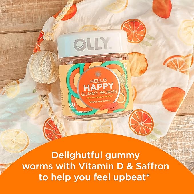 OLLY Fiber Gummy Rings 5g Prebiotic Fiber FOS (Fructo-oligosaccharides) Digestive Support &amp Hello Happy Gummy Worms Mood Balance Support Vitamin D Saffron Adult Chewable Supplement