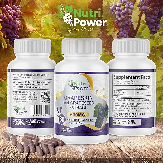 Skin &amp Grape Seed Extract Supplement 600 MG 60 Vegetable Capsules USA Source Materials Dietary Supplements Healthy Skin &amp Eyes Cardiovascular Support for Men &amp Women