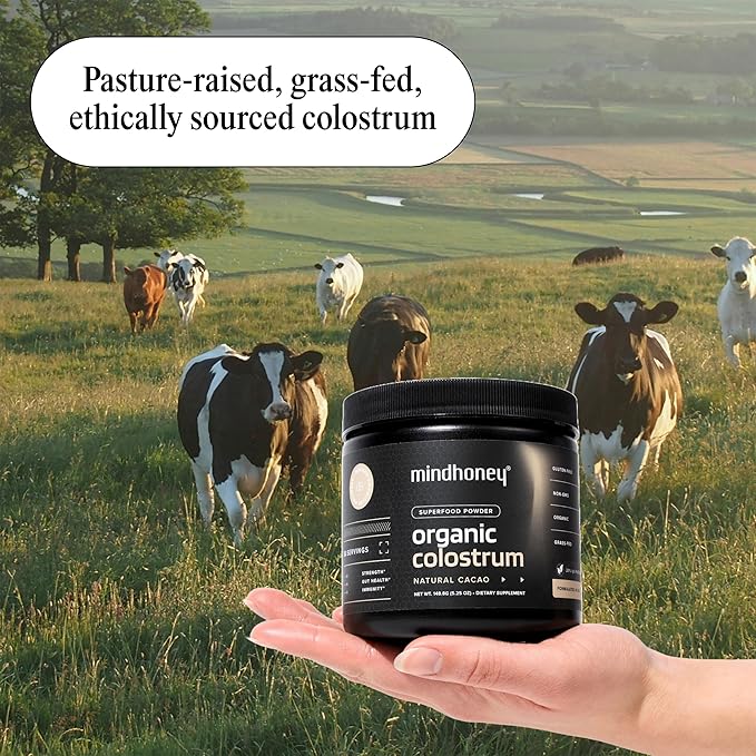 MINDHONEY Organic Colostrum | Premium Cacao Flavored Superfood Powder | Gut Health &amp Immunity Skin &amp Hair Anti-Aging Performance &amp Recovery | Grass-Fed Pasture-Raised | 30 Servings