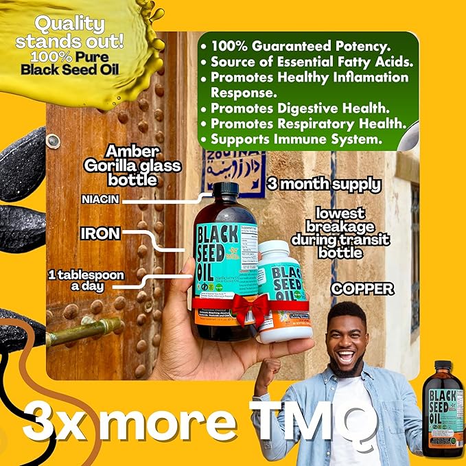 Premium Black Seed Oil Liquid 16 oz - Sugar Free 3 Month Supply Antioxidant Turkish Black Cumin Seed Oil - 3X Thymoquinone First Cold Press Vegan Halal Sweet Sunnah