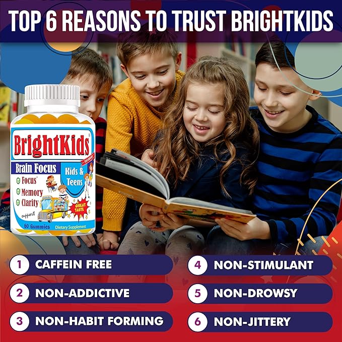BrightKids Focus Gummies for Kids &amp Teens – Brain Gummies for Memory and Focus Omega 3 DHA Brain Vitamins for Kids Attention &amp Learning Support Supplement Drug-Free Made in USA 60 Count