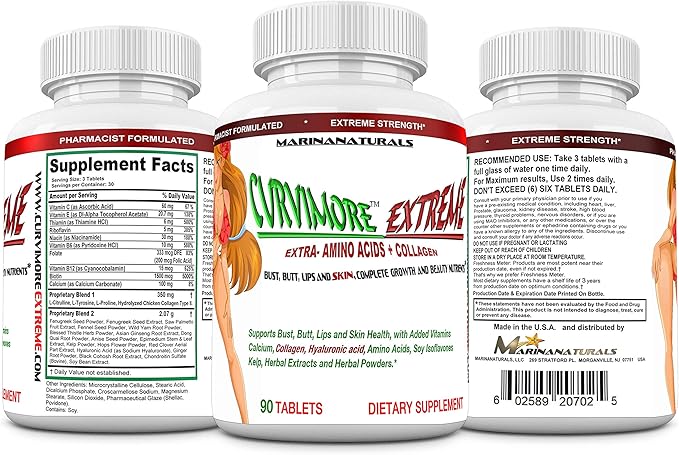 CURVIMORE Extreme The Most Advanced and Loaded Breast Enlargement Butt Enhancement Lip Plumping and Skin Tightening 5 in 1 Extreme Strength Pills -Natural Bust and Butt Enhancement Pills-90 Tablets