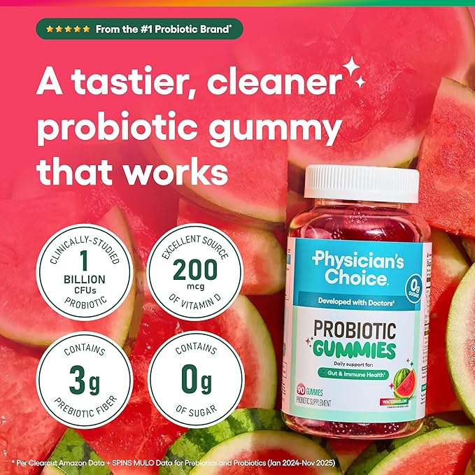 Physician’s Choice Probiotic Gummies with Vitamin D &amp Prebiotic Fiber - Sugar Free - 1B CFUs of Clinically Studied Probiotic - Supports Immune &amp Gut Health for Adults - Watermelon Flavor - 90C