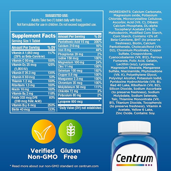 Centrum Multivitamin for Men Multivitamin/Multimineral Supplement with Vitamin D3 B Vitamins and Antioxidants Gluten Free Non-GMO Ingredients - 250 Count