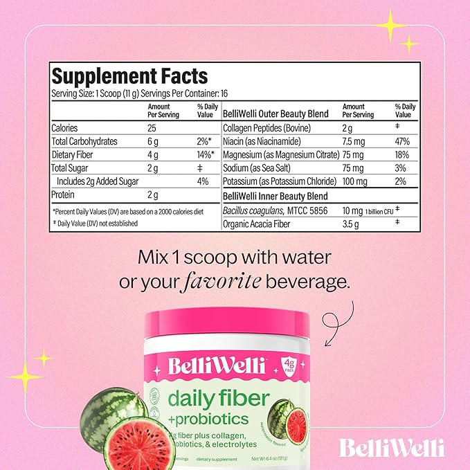 Belli Welli Daily Fiber Supplement Bundle - Strawberry Lemonade &amp Watermelon - Collagen Probiotics &amp Electrolytes for Balanced Wellness - Refreshing Flavors 32 Servings Total