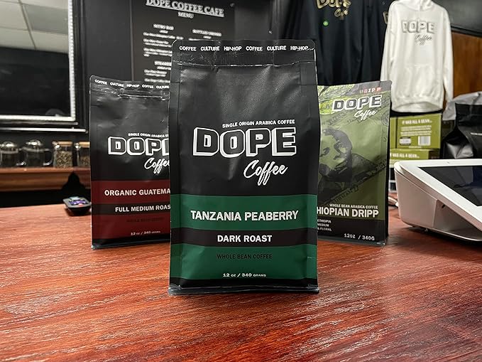 Dope Coffee Ground Tanzania Peaberry Dark Roast Rainforest Alliance 100% Arabica Coffee 12oz