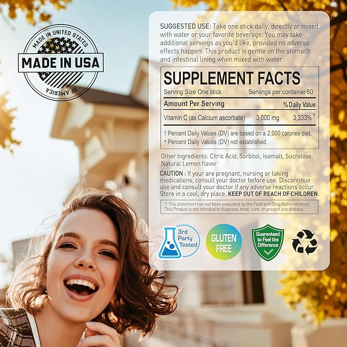 NANOWELL Pure Buffered Vitamin C 3000 mg per Serving Dietary Supplement for Immune Support - 60 Sticks x 1 Box 2 Months Supply (60 Count)