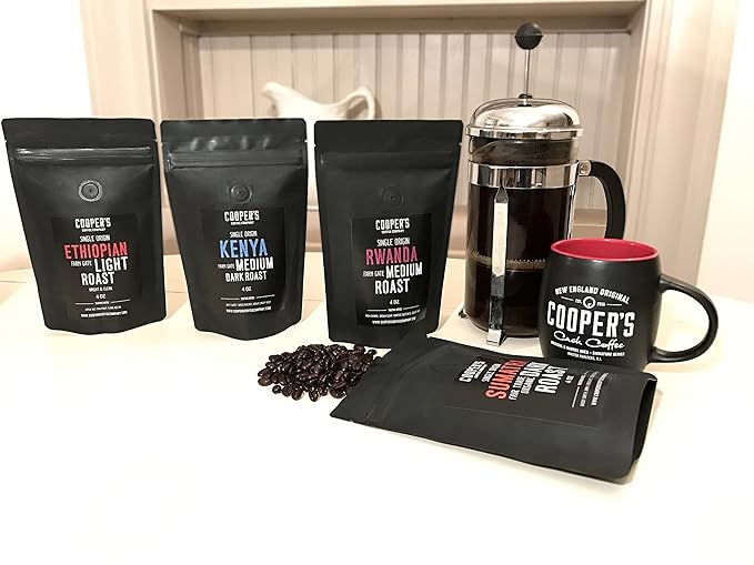 Gourmet Coffee Sampler Gift Box Set (Sumatra Dark Kenya AA Medium-Dark Rwanda Medium Natural Ethiopian Medium-Light) and Ethiopian Bright Light Roast Grade 1 Whole Coffee Bean 12oz Bag