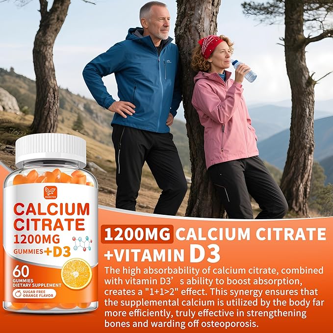 (3 Pack) Calcium Citrate 1200 mg with Vitamin D3 Gummies for Women &amp MenCalcium SupplementsHigh Absorption for Bone Muscle Healthy - Easy to Digest Sugar FreeVeganOrang Flavor60 Day Supply