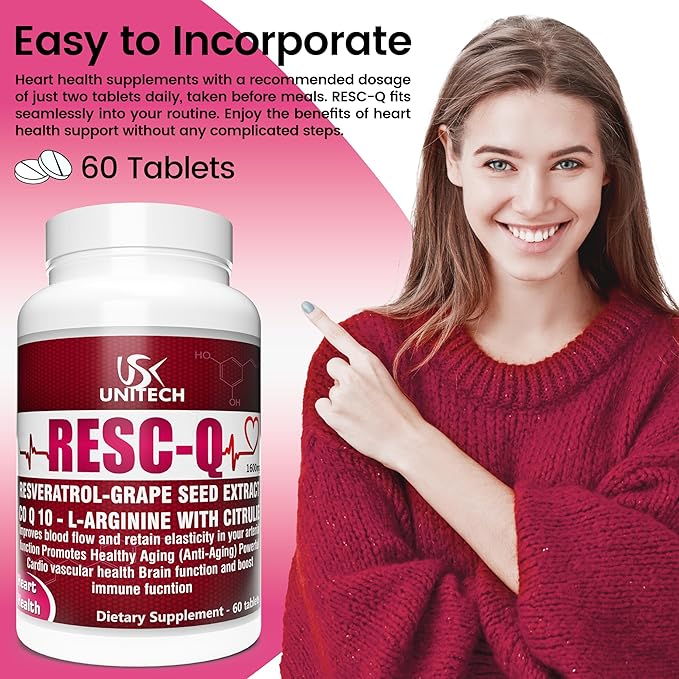 Unitech USK RESC-Q | Dietary Supplement with Resveratrol L-Arginine L-Citrulline &amp Grape Seed Extract | Supports Antioxidant Activity &amp Healthy Blood Circulation | 60 Tablets