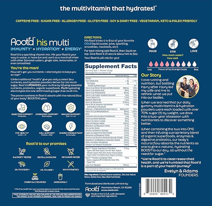 Root'd Multivitamin Powder for Men - 24 Vitamins &amp Minerals with 3X Electrolytes 9 Organic Superfoods Probiotics &amp Enzymes Sugar-Free Multivitamin &amp Hydration | 30 Vitamin Drink Mix Pac