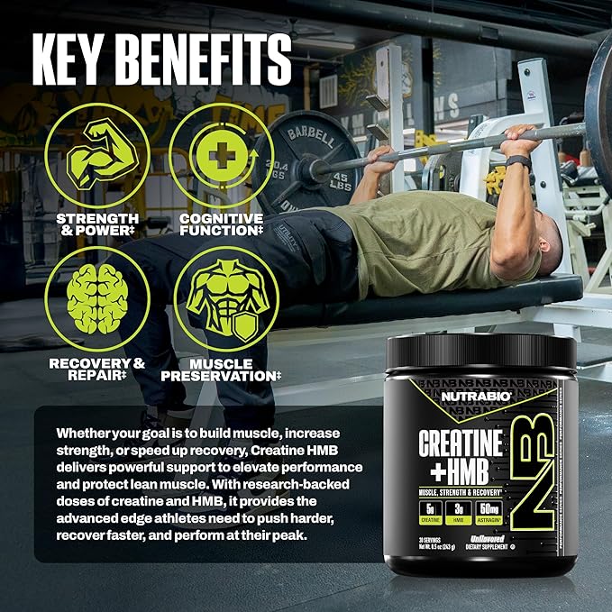 NutraBio Creatine + HMB- Creatine Monohydrate with HMB Powder for Muscle Growth Increased Strength- 30 Servings (Unflavored)