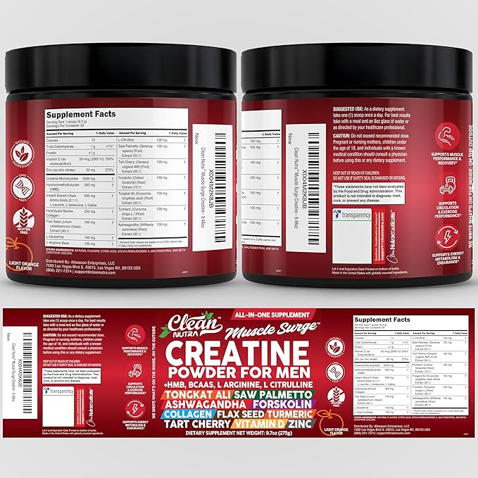 Clean Nutra Creatine Powder for Men + HMB BCAA L Arginine L Citrulline Tongkat Ali Saw Palmetto Ashwagandha Collagen Flax Seed Turmeric Preworkout Stevia Nitric Oxide L Glutamine Amino Acids