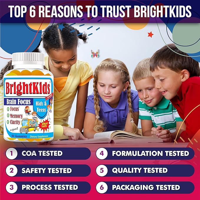 BrightKids Focus Gummies for Kids &amp Teens – Brain Gummies for Memory and Focus Omega 3 DHA Brain Vitamins for Kids Attention &amp Learning Support Supplement Drug-Free Made in USA 60 Count
