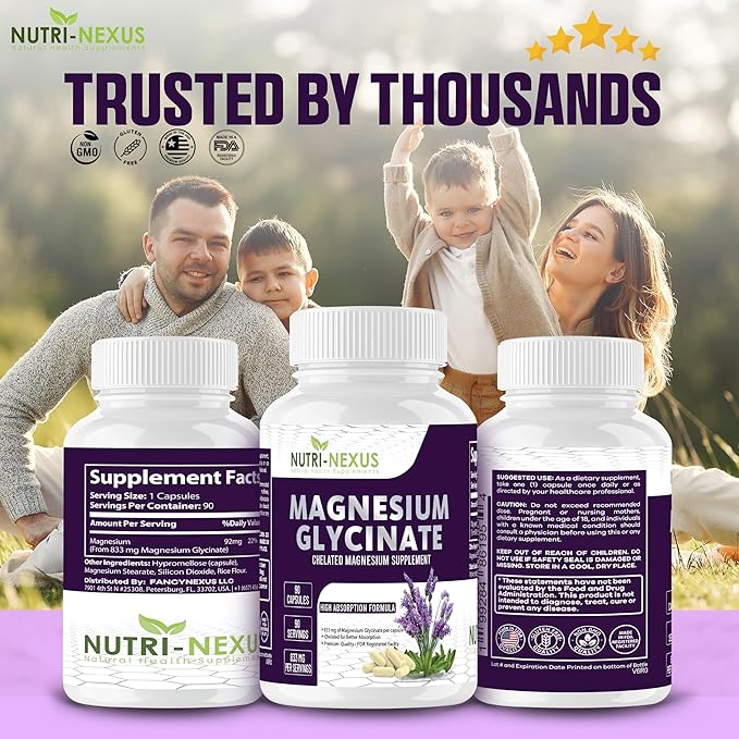 Magnesium Glycinate 833mg - 90 Vegan Capsules | Gluten Free High Absorption Chelated Magnesium Glycinate for Sleep Muscle Heart Metabolism Support |
