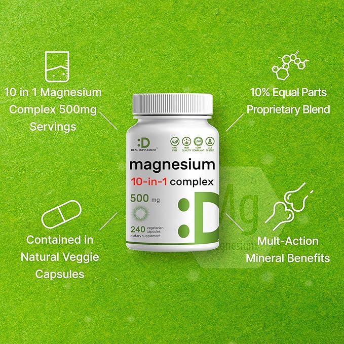 Magnesium Complex 500mg 240 Veggie Capsules – 10-in-1 Glycinate Citrate Malate Oxide &amp More – 100% Chelated for Easy Absorption – Essential Mineral Supplement – Non-GMO