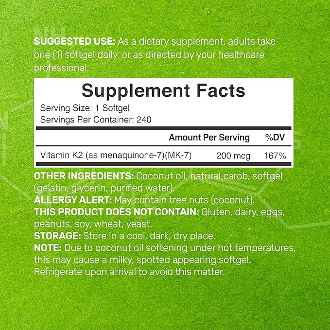 DEAL SUPPLEMENT Vitamin K2 MK-7 200mcg Per Serving 240 Coconut Oil Softgels | Easily Absorbed Menaquinone-7 Form | Bone Joint &amp Immune Support – Non-GMO