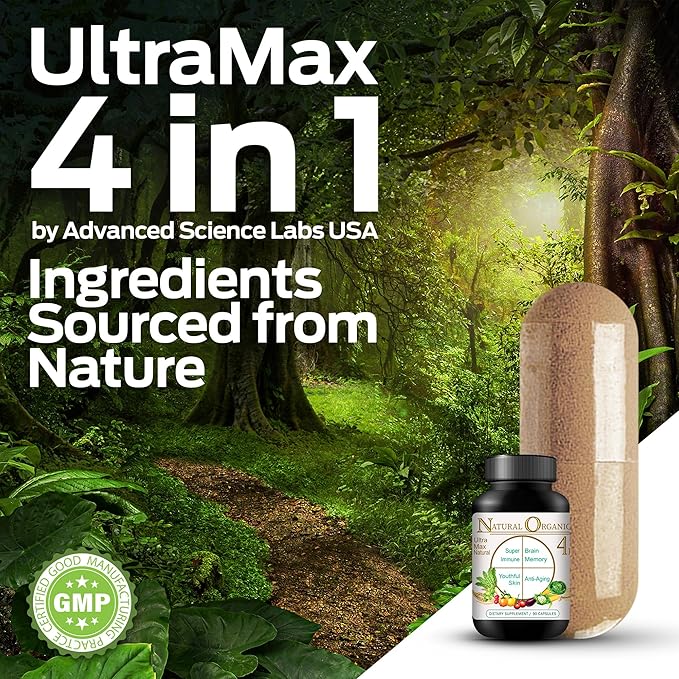 Ultra Max Natural Organic 4 in 1 Brain Supplements for Memory and Focus Immune Support Anti-Aging Dietary Supplements